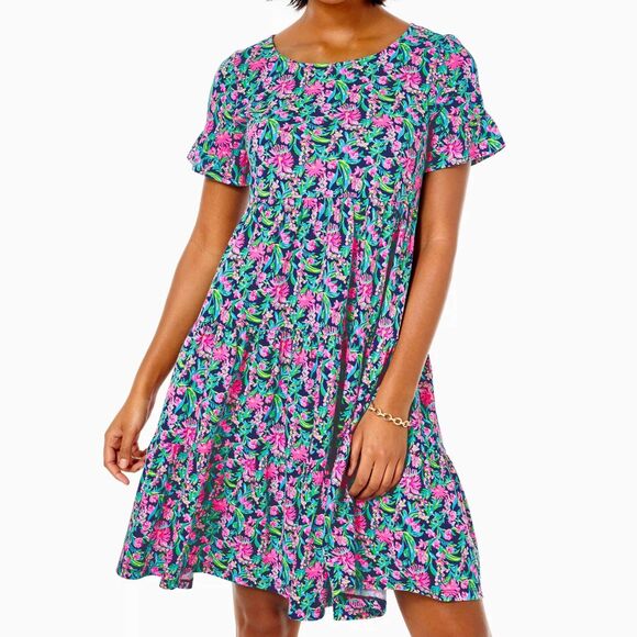 Lilly Pulitzer Jodee Short Sleeve Swing Mini Dress Cotton Print Ruffle M 279256 - Picture 1 of 9
